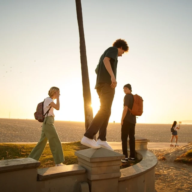 Three young adults on a sandy beach at sunset; one standing on a ledge near palm trees, with ocean and setting sun in the background.