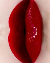 Close-up macro shot of glossy bright red lips with visible skin texture, photographed by Natasja Fourie.