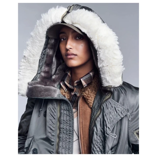 Close-up portrait of a woman wearing an olive-green hooded parka with fur trim, posing in a studio with soft, neutral lighting.