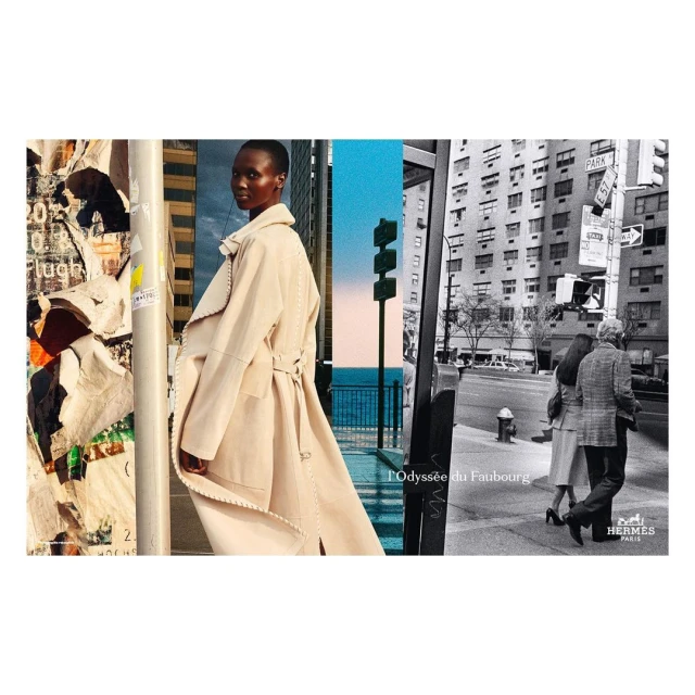 Fashion ad: A woman in a light coat poses amidst a city collage, blending modern and vintage urban scenes with neutral tones.