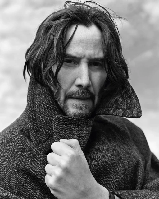 Black and white portrait of Keanu Reeves wearing a herringbone coat, looking at the camera with a neutral expression, against a blurred background.