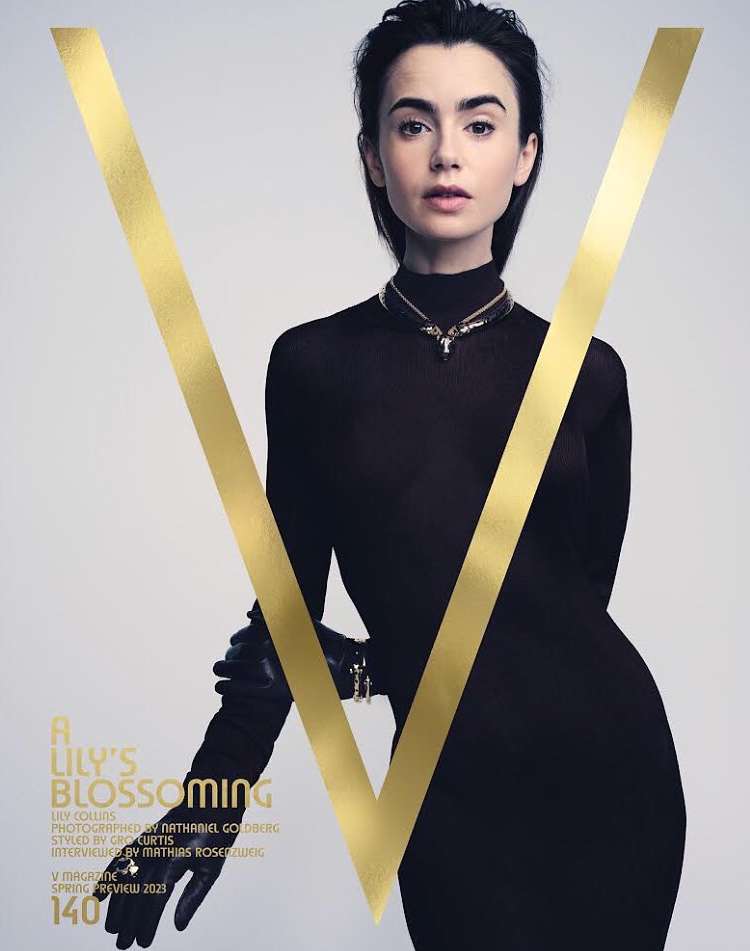 Fashion magazine cover featuring Lily Collins wearing a black turtleneck dress and gloves, posed in front of a letter V graphic.
