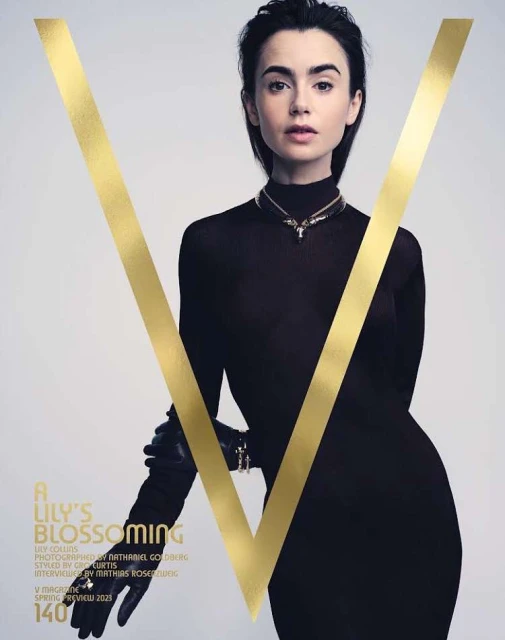 Fashion magazine cover featuring Lily Collins wearing a black turtleneck dress and gloves, posed in front of a letter V graphic.
