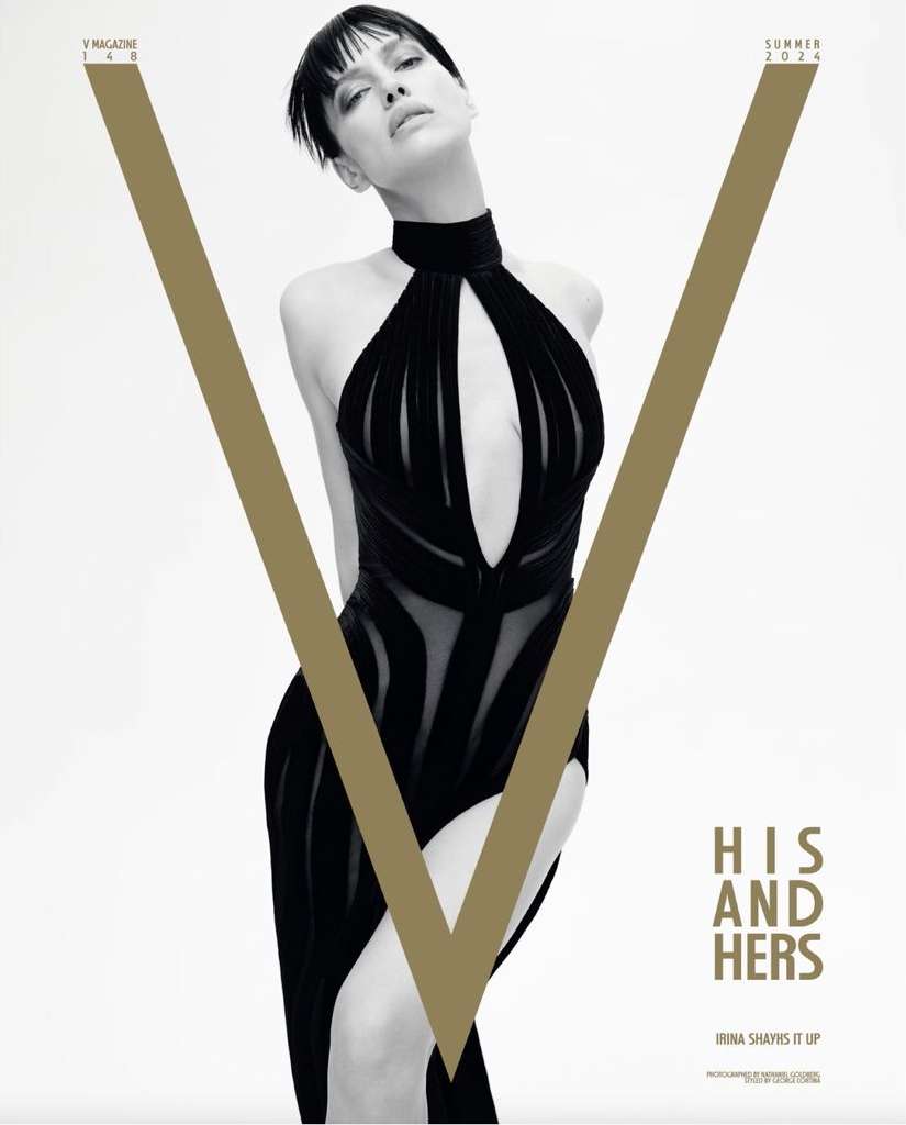 V Magazine Summer 2024 cover featuring Irina Shayk in a black halter dress, in a studio shot with a large letter 'V' in the background.