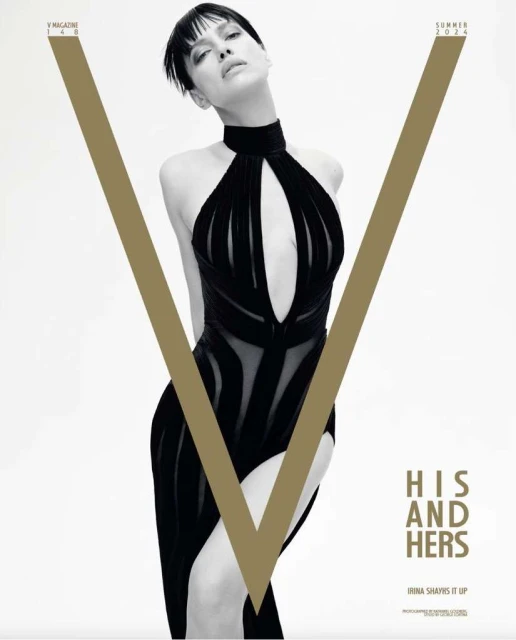 V Magazine Summer 2024 cover featuring Irina Shayk in a black halter dress, in a studio shot with a large letter 'V' in the background.