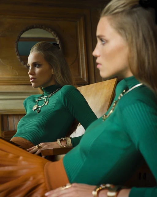 Adult female portrait looking at reflection in mirror. She wears a green turtleneck top, jewelry, and a gold skirt, indoors.
