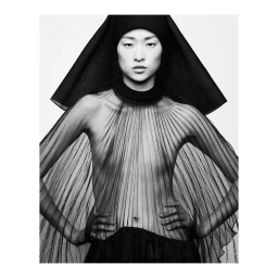 Model in sheer pleated black top and structured headpiece by photographer Nathaniel Goldberg
