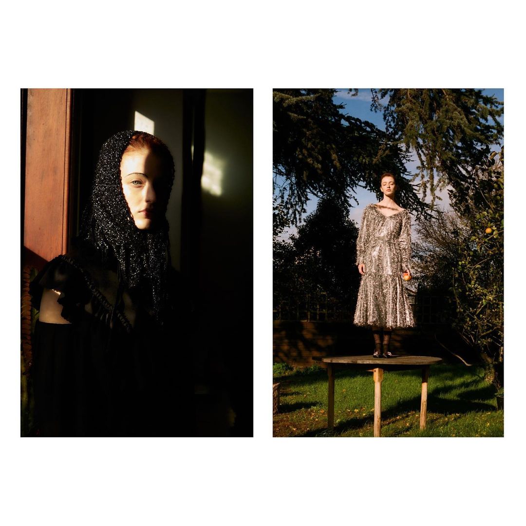 Two distinct portraits of a female model showcase different settings and styling, one in shadow, the other in outdoor light.