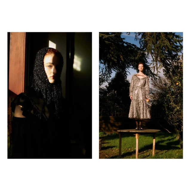 Two distinct portraits of a female model showcase different settings and styling, one in shadow, the other in outdoor light.