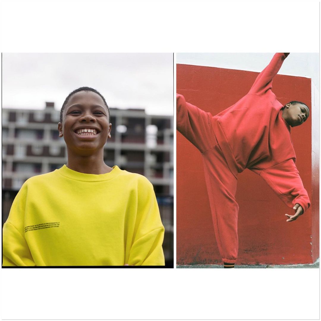 Split-screen fashion shot of a smiling Black person in a yellow sweatshirt and another in a red sweatsuit against a red wall.