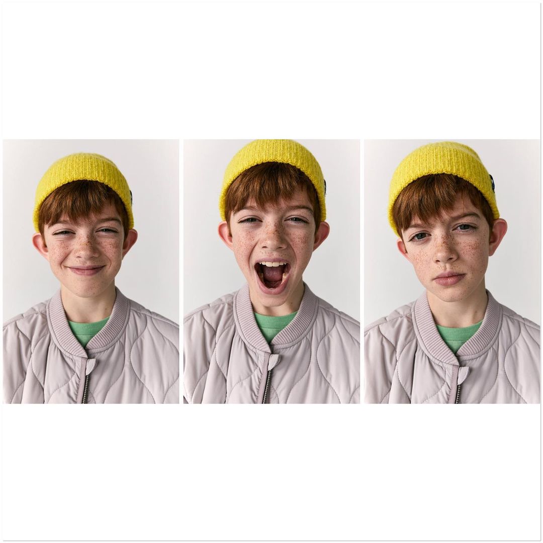 Boy in a yellow beanie displays various facial expressions including smiling, yelling, and neutral against a clean white background.