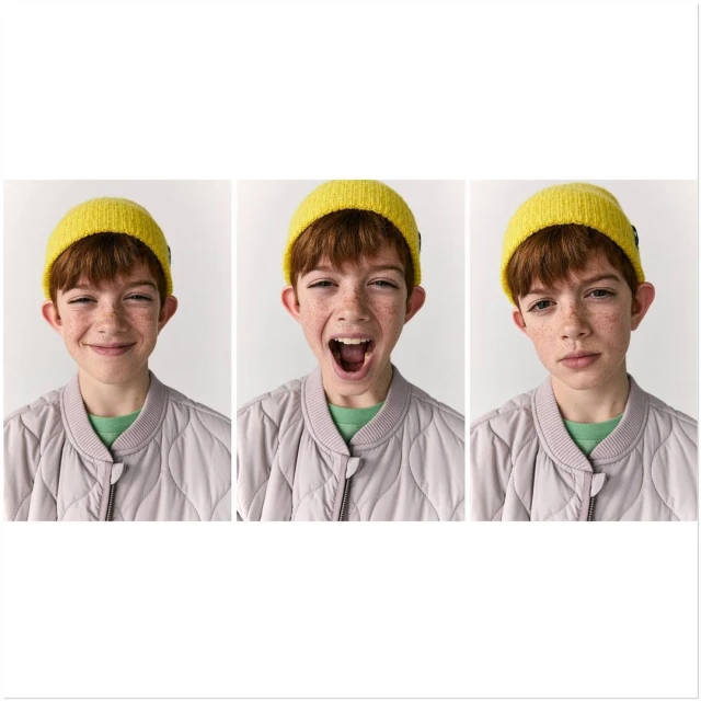 Boy in a yellow beanie displays various facial expressions including smiling, yelling, and neutral against a clean white background.