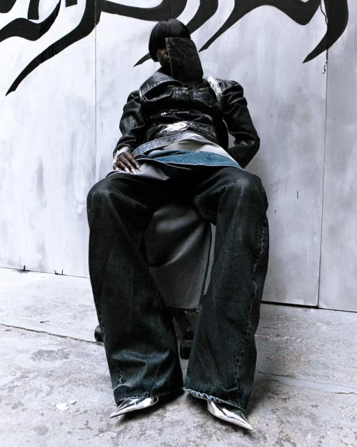 Fashionable person sits wearing avant-garde denim jacket, dark jeans, and shiny silver shoes against graffiti-style wall backdrop.