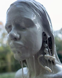 Close-up portrait of a woman with thick, glossy white liquid pouring over her face and hair, by Neva Wireko.