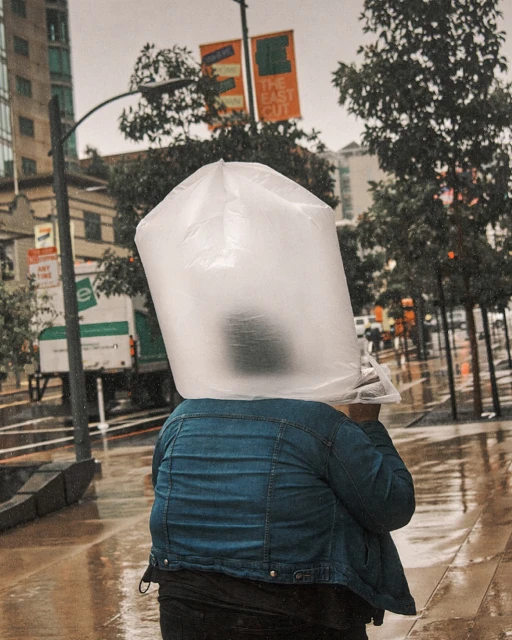 Person in a blue denim jacket walks in the rain-soaked city street with a transparent plastic bag over their head for rain protection.