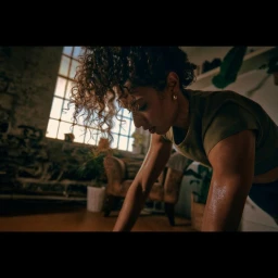 Woman with curly hair exercising indoors in a plank position wearing an olive t-shirt by photographer Niall O’brien