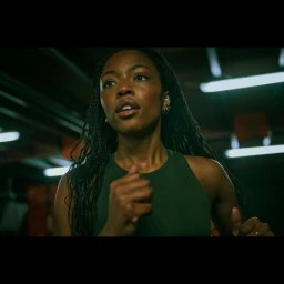 Black woman with long braided hair wearing a dark green tank top running indoors under fluorescent lights