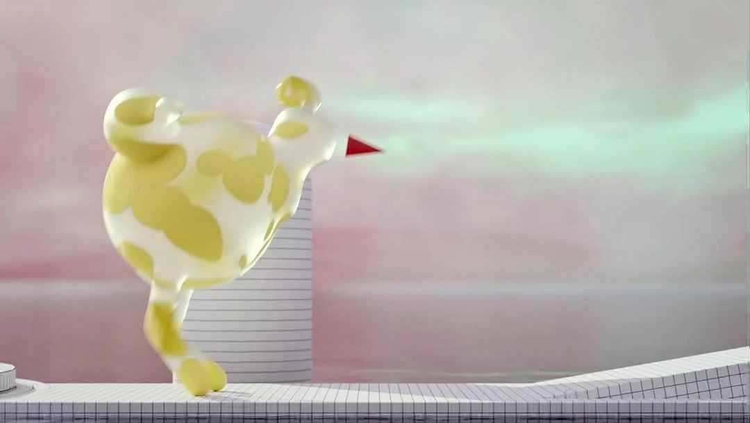 Abstract 3D rendering of a whimsical creature with yellow spots on a white surface against a blurred pink and turquoise backdrop.