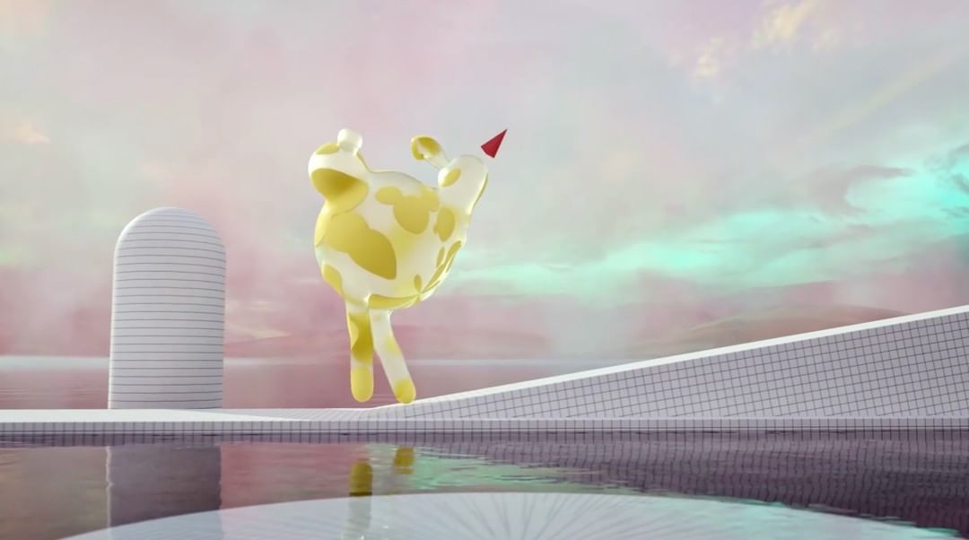 3D rendering of a yellow and white spotted cartoon giraffe with a red cone on its head stands on a geometric pool with reflections.