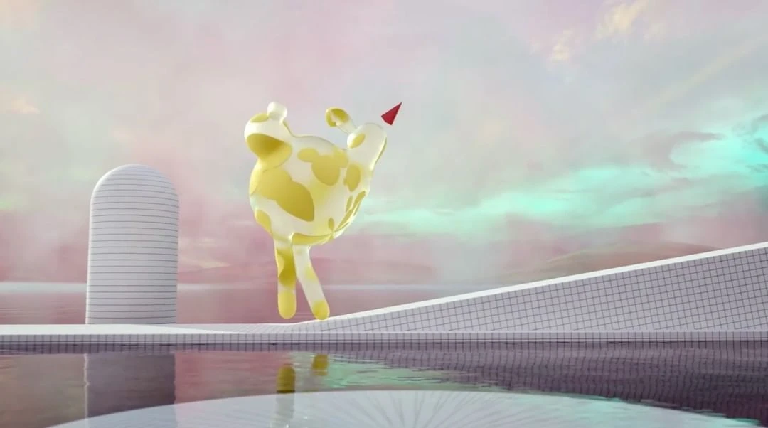 3D rendering of a yellow and white spotted cartoon giraffe with a red cone on its head stands on a geometric pool with reflections.