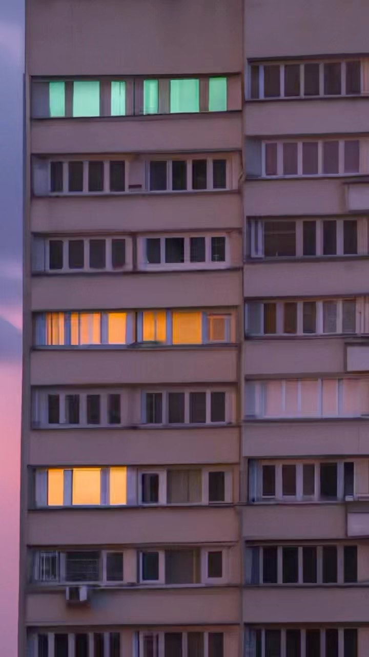 Exterior vertical shot of a high-rise building with multiple windows illuminated with yellow and green lights against a sunset sky.