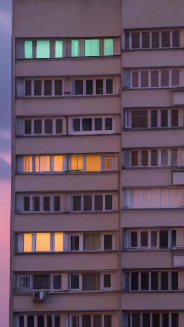 Exterior vertical shot of a high-rise building with multiple windows illuminated with yellow and green lights against a sunset sky.