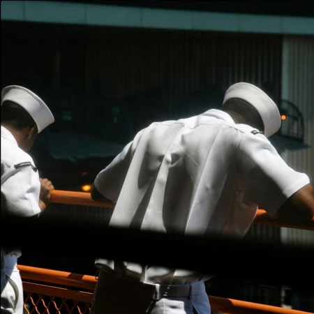 Two men in white uniforms stand on a deck or balcony with an orange railing, looking out at an obscured background. The scene is brightly lit.