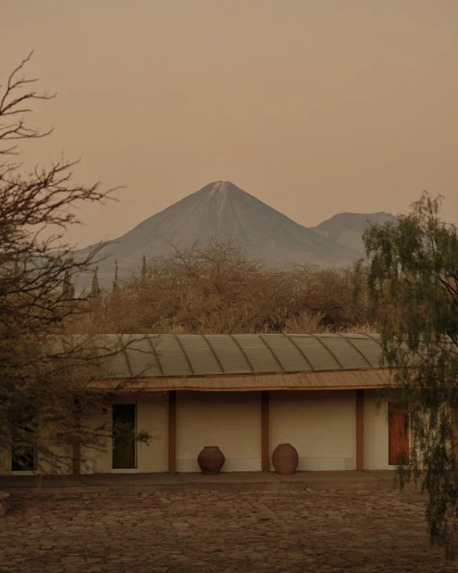 Adobe building exterior with terracotta pots on a patio in front of a large mountain, surrounded by desert vegetation under an orange sky.