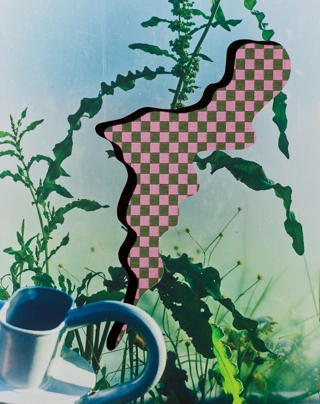 Abstract botanical photograph featuring a watering can, various green plants, and a checkerboard pattern in pink and olive.
