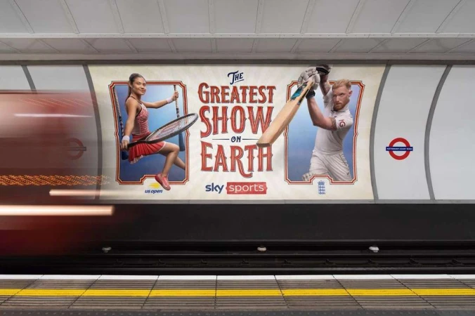 Sports advertising poster in a subway featuring a tennis player and cricket player promoting a show on Sky Sports.