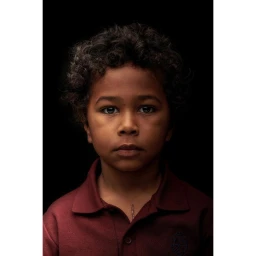 Portrait of a young child with dark curly hair wearing a burgundy polo shirt against a plain dark background, photographed by Nick Eagle.