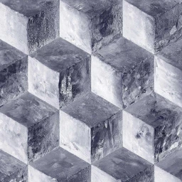 Geometric pattern of textured stone cubes creating a three dimensional optical illusion in shades of grey and white.