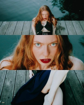 Three-panel portrait triptych of a red-haired woman with blue eyes and red lipstick on a wooden dock above dark water.