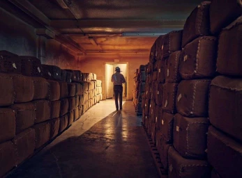 Man in a hat walking down a dimly lit warehouse aisle between tall stacks of burlap-wrapped bales.