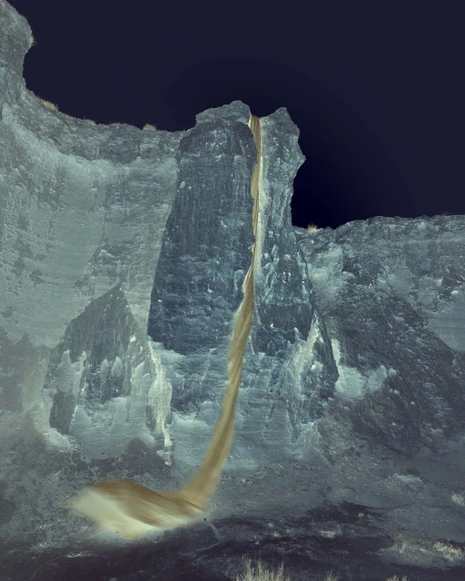 Landscape photograph of a tall rock formation with a flowing waterfall under a dark sky, showcasing natural beauty and geological formations.