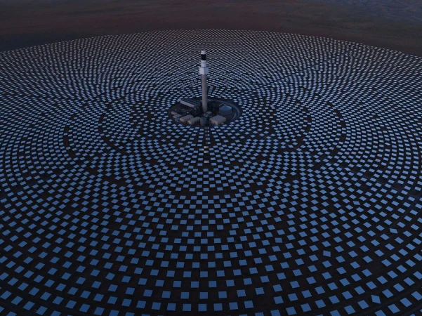 Aerial view of a solar power plant with a field of heliostats concentrating sunlight on a central receiver tower in a desert landscape.