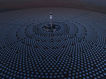 Aerial view of a concentrated solar power plant with a central tower surrounded by concentric rings of heliostat mirrors.