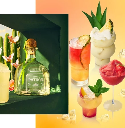 Creative still life shot featuring a Patrón tequila bottle against a cactus backdrop alongside an assortment of colorful cocktails.