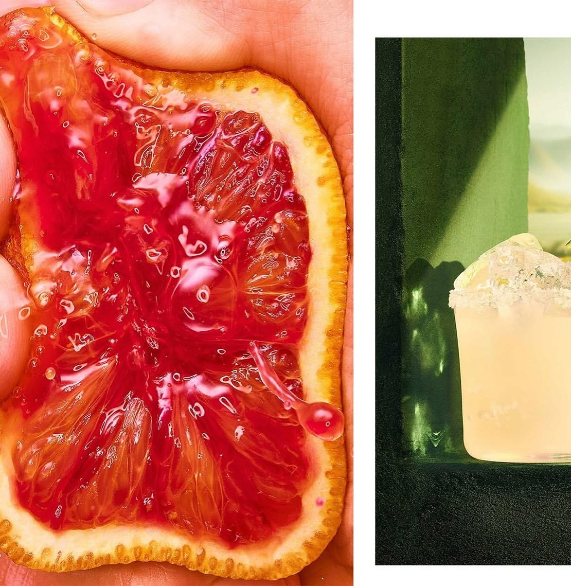 Close-up of a halved blood orange with juice droplets, juxtaposed with a salt-rimmed cocktail against a blurred, abstract background.