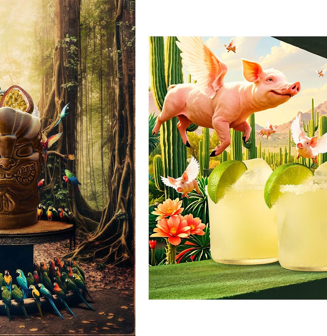 Surreal collage featuring a tiki drink in a forest and margarita cocktails with flying pigs in a desert landscape.