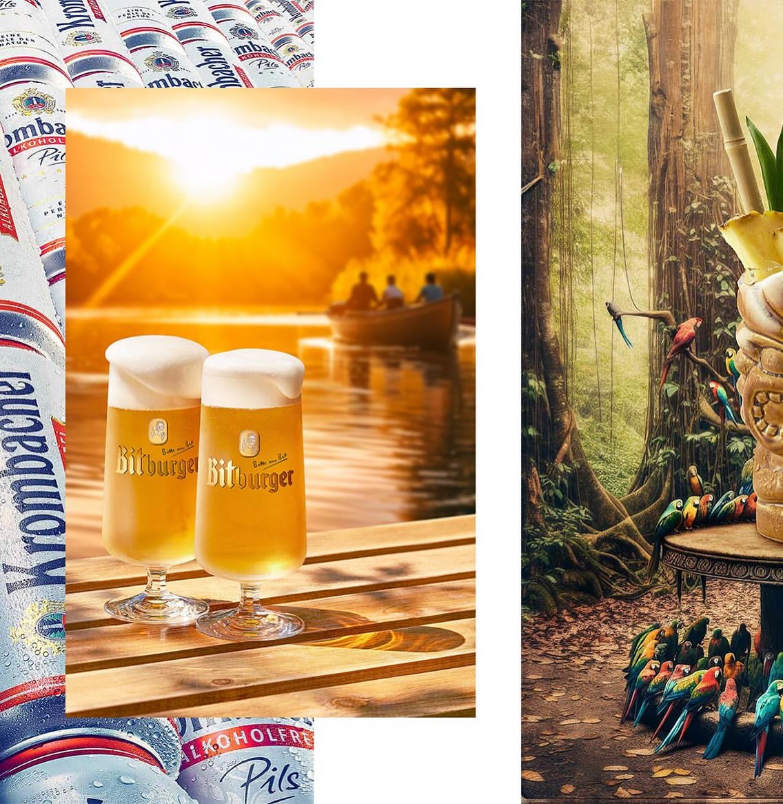 Two glasses of Bitburger beer sit on a wooden surface, a scenic view of a lake and mountains in the background with beverage cans.