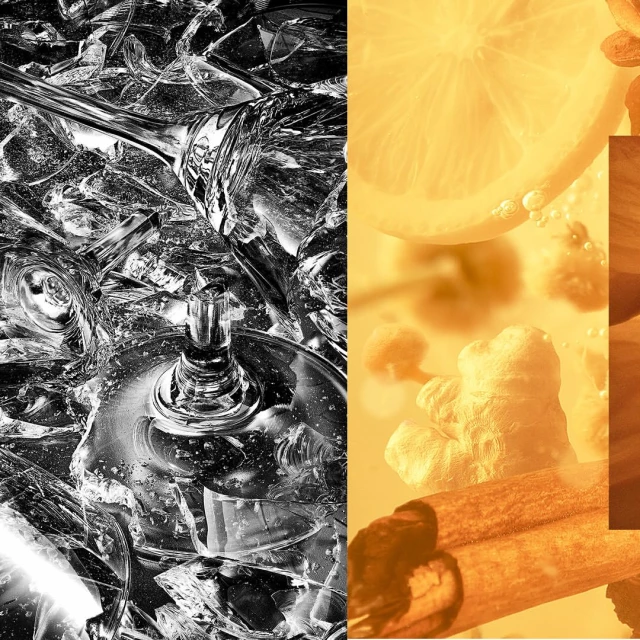 Split image showcases shattered glassware on one side and a vibrant yellow composition with lemons, ginger, and cinnamon on the other.