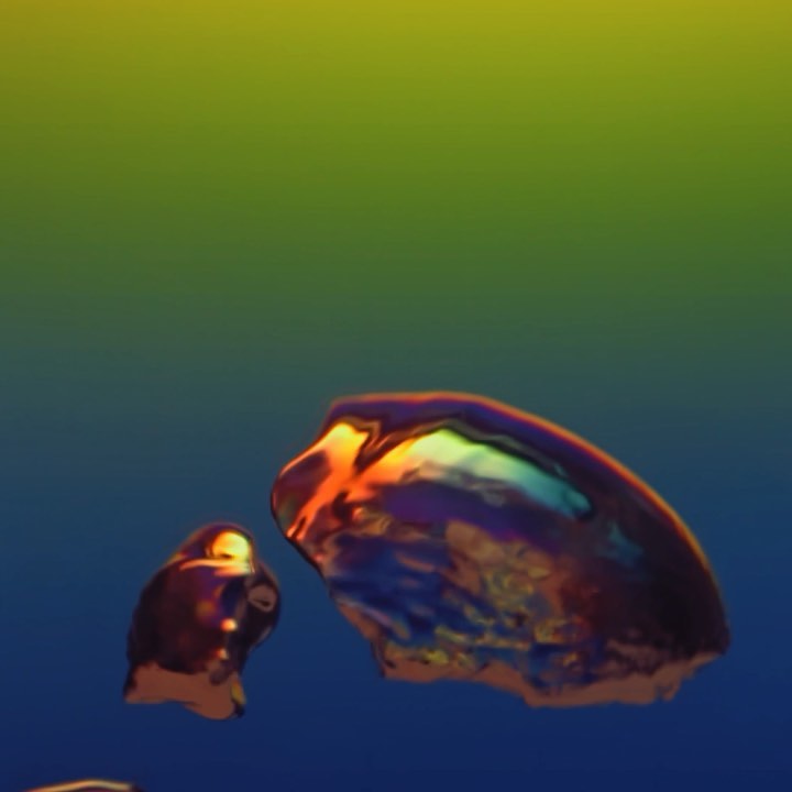 Abstract still life featuring two liquid-like objects with reflective, iridescent surfaces against a gradient background of blue, green, and yellow.