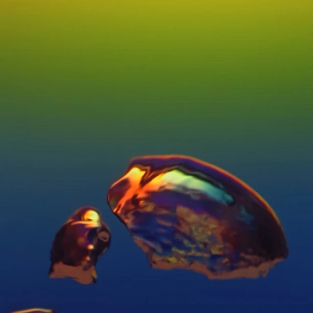 Abstract still life featuring two liquid-like objects with reflective, iridescent surfaces against a gradient background of blue, green, and yellow.