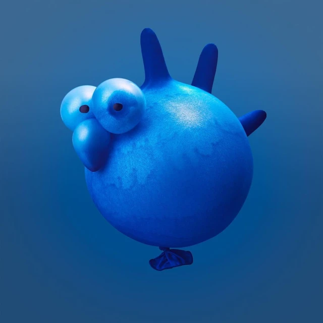 Blue balloon animal shaped like a bird on a blue background. Cartoonish balloon art, simple, cute, and visually striking.