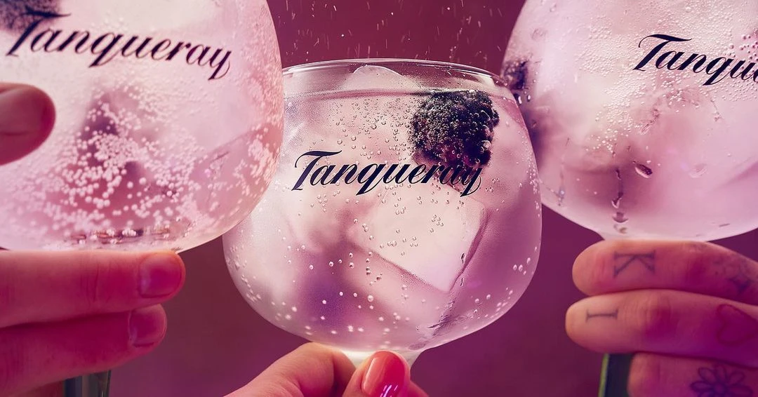 Three clear cocktail glasses filled with ice, clear liquid, and blackberries, held by two people against a pink background with logo.