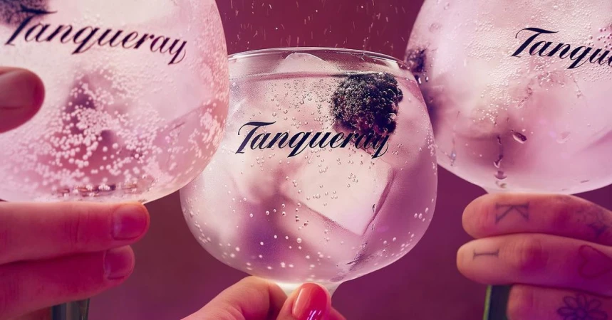 Three clear cocktail glasses filled with ice, clear liquid, and blackberries, held by two people against a pink background with logo.