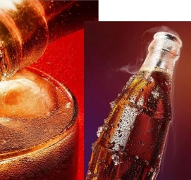 Close-up commercial beverage photography featuring an iced cola bottle with condensation and a glass with ice against a red backdrop.
