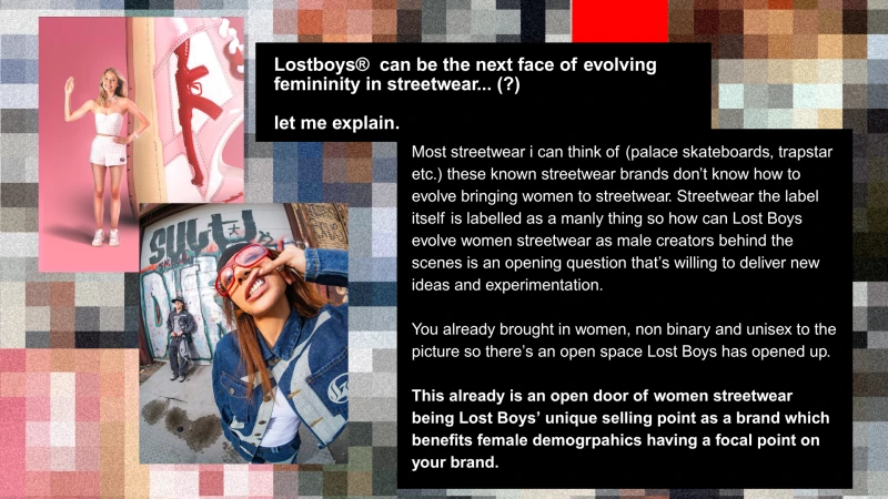 Streetwear pitch slide and brand moodboard featuring fashion photography inserts, typography, and pixelated border design.