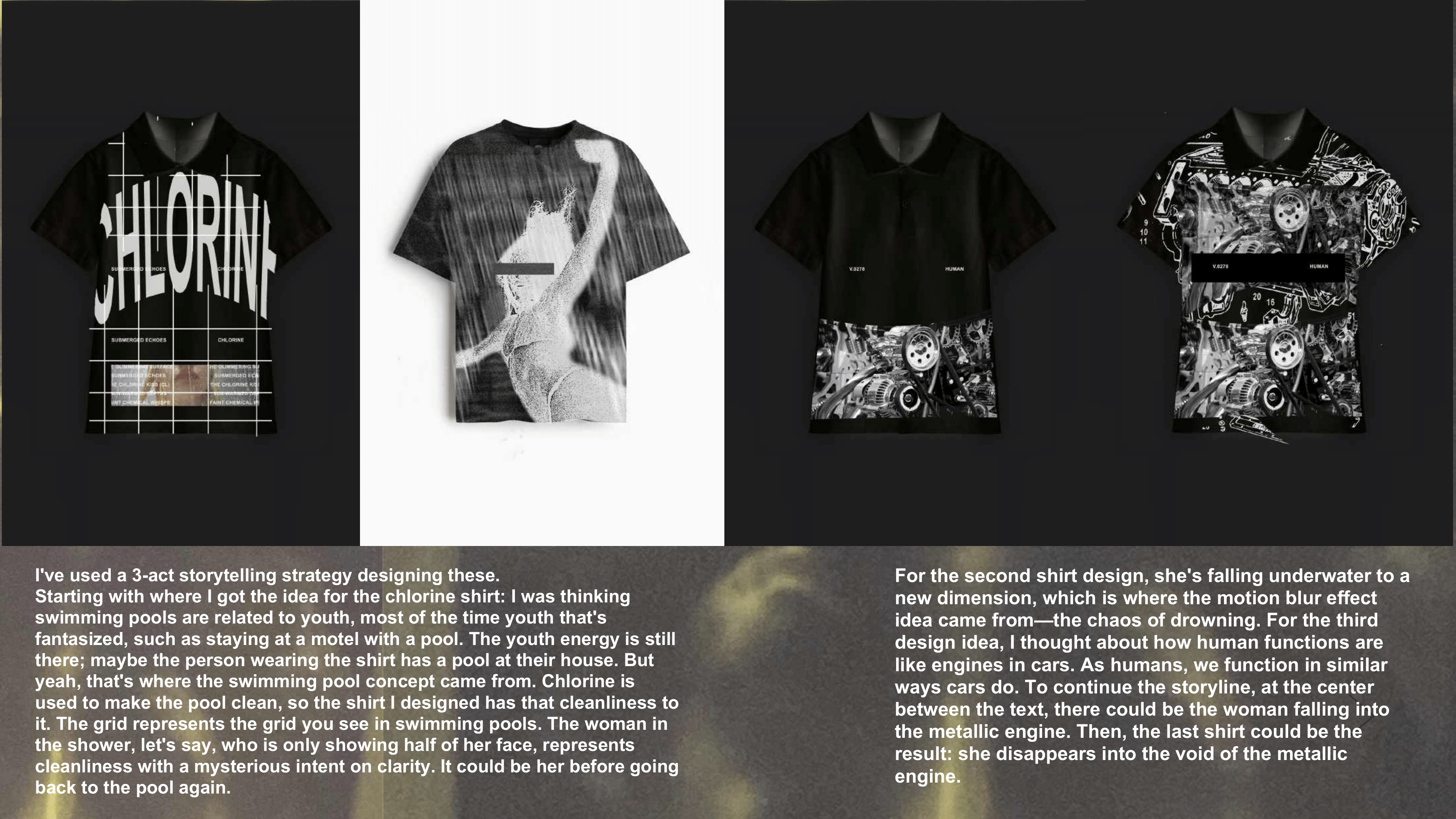 Presentation board featuring four black and white graphic shirt mockups with accompanying design concept text below.